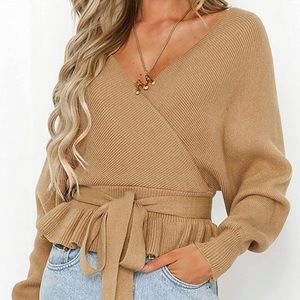 NWT - Zesica Women’s Wrap V Neck Long Sleeve Belted Waist Ruffle Knitted Sweater